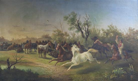 Continental School Horseman herding horses 58 x 98cm